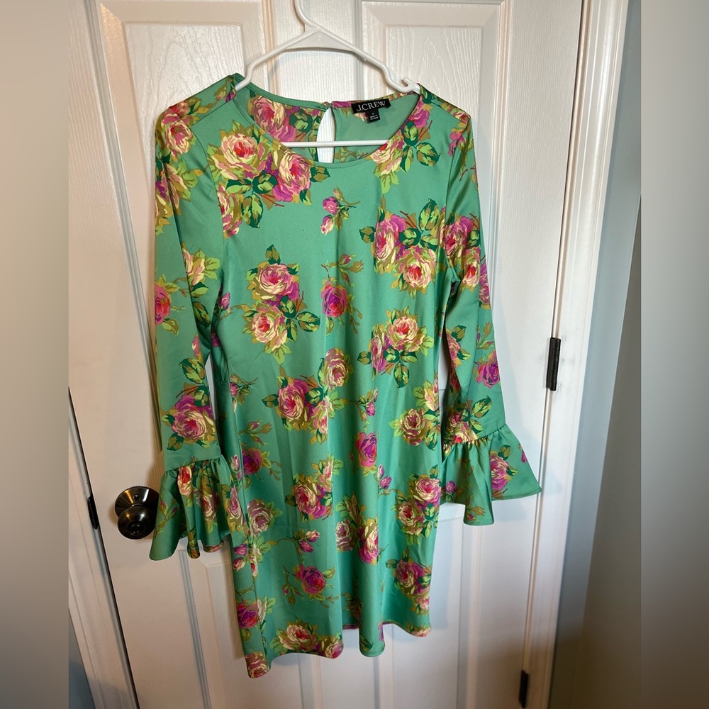 J. Crew Mint Green Floral Shift Dress with Pink & Yellow Roses